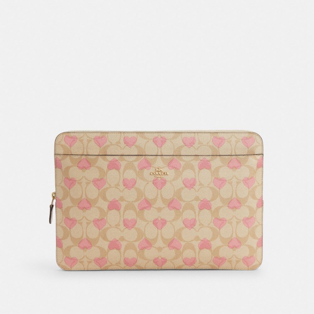 Laptop Sleeve In Signature Canvas With Heart Print - CP374 - Gold/Light Khaki Chalk Multi