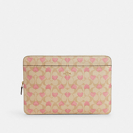COACH CP374 Laptop Sleeve In Signature Canvas With Heart Print Gold/Light-Khaki-Chalk-Multi