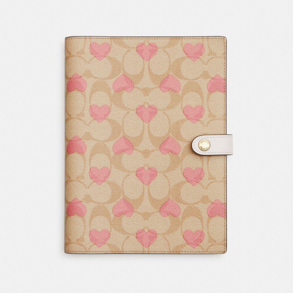 COACH CP378 Notebook In Signature Canvas With Heart Print GOLD/LIGHT KHAKI CHALK MULTI