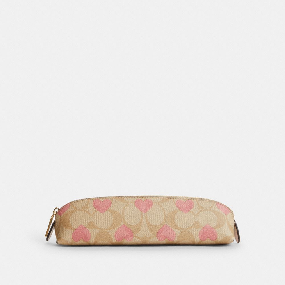 COACH CP380 Pencil Case In Signature Canvas With Heart Print Gold/Light Khaki Chalk Multi