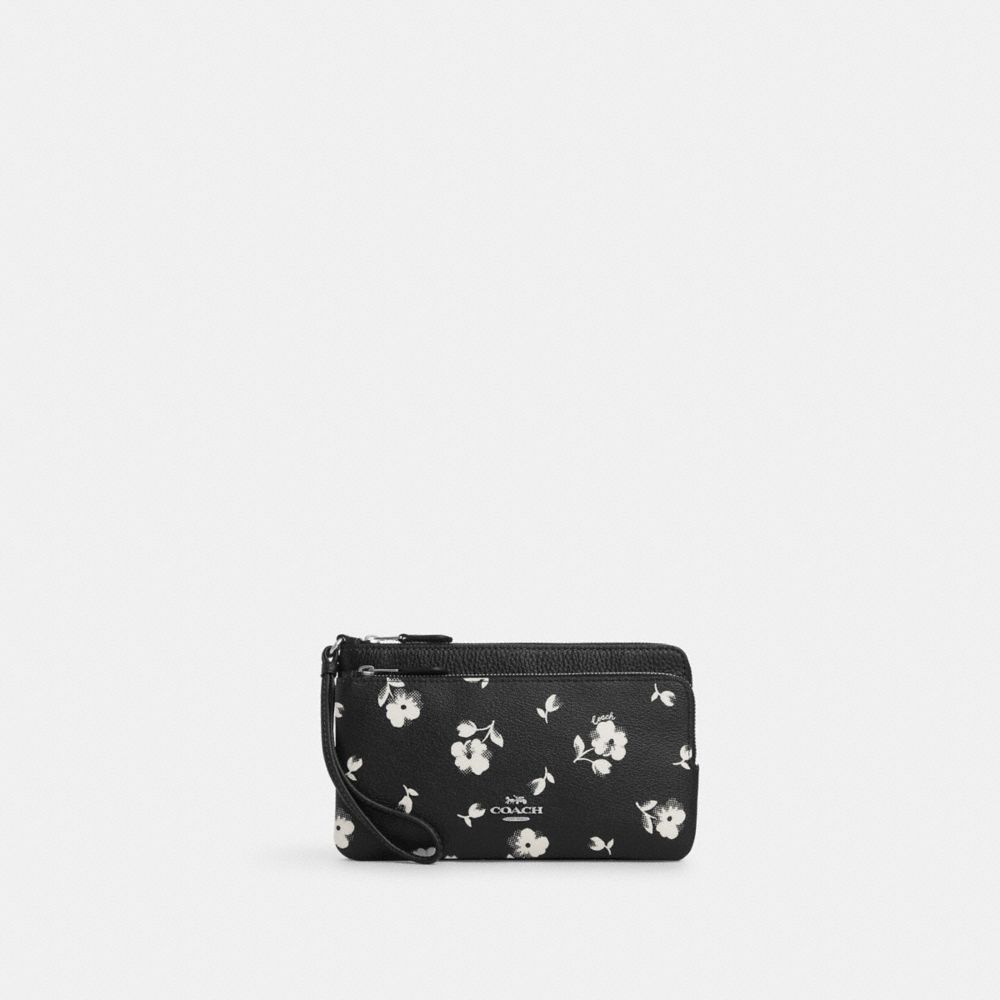 COACH CP408 Double Zip Wallet With Floral Print Silver/Black Multi