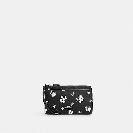 COACH CP408 Double Zip Wallet With Floral Print Silver/Black-Multi