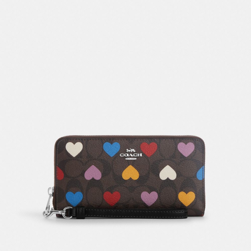 COACH CP411 Long Zip Around Wallet In Signature Canvas With Heart Print Silver/Brown Black Multi