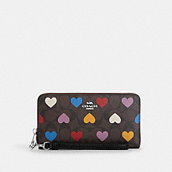 COACH CP411 Long Zip Around Wallet In Signature Canvas With Heart Print SILVER/BROWN BLACK MULTI