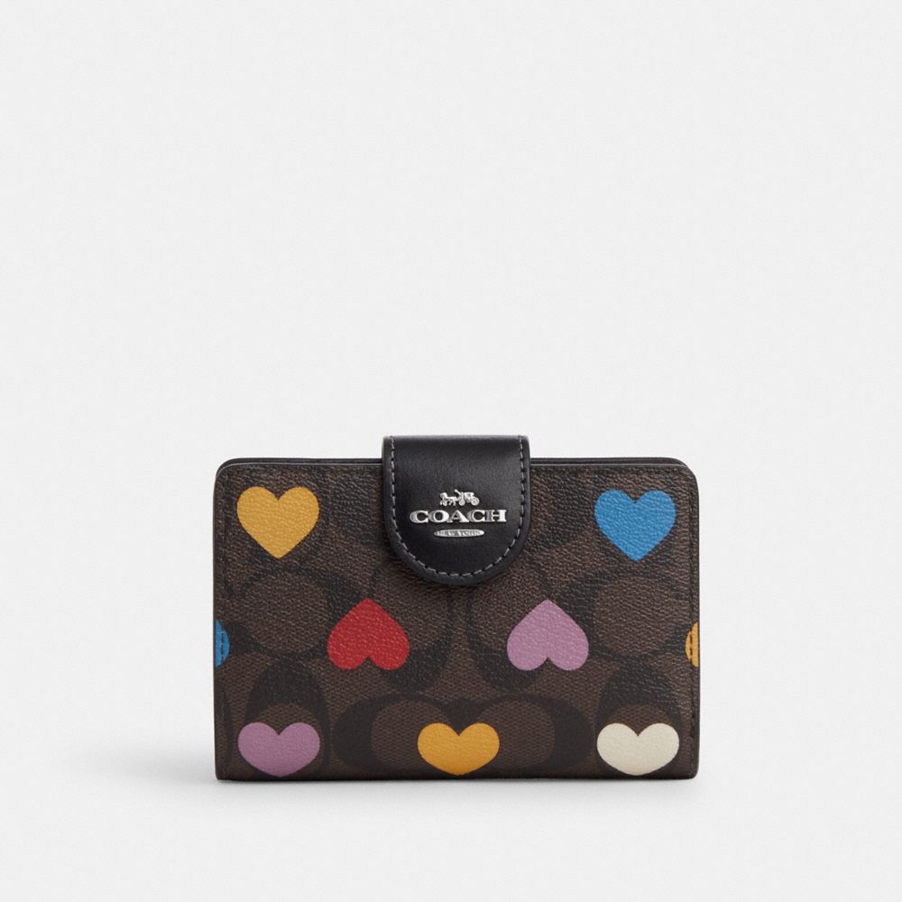 COACH CP418 Medium Corner Zip Wallet In Signature Canvas With Heart Print Silver/Brown Black Multi