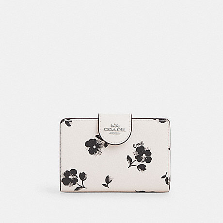 COACH CP419 Medium Corner Zip Wallet With Floral Print Silver/Chalk-Multi