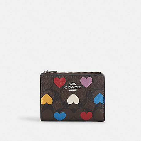 COACH CP424 Bifold Wallet In Signature Canvas With Heart Print Silver/Brown-Black-Multi