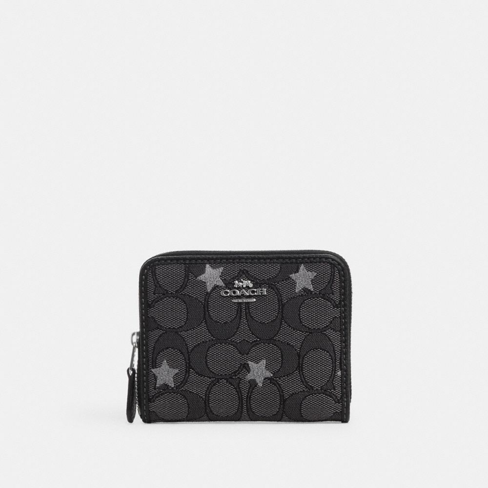 COACH CP432 Small Zip Around Wallet In Signature Jacquard With Star Embroidery Silver/Smoke/Black Multi