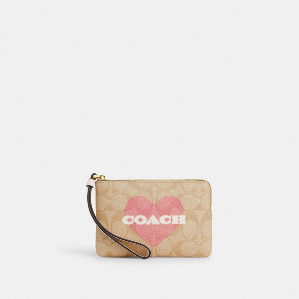 COACH CP436 Corner Zip Wristlet In Signature Canvas With Heart Print Gold/Light Khaki Chalk Multi