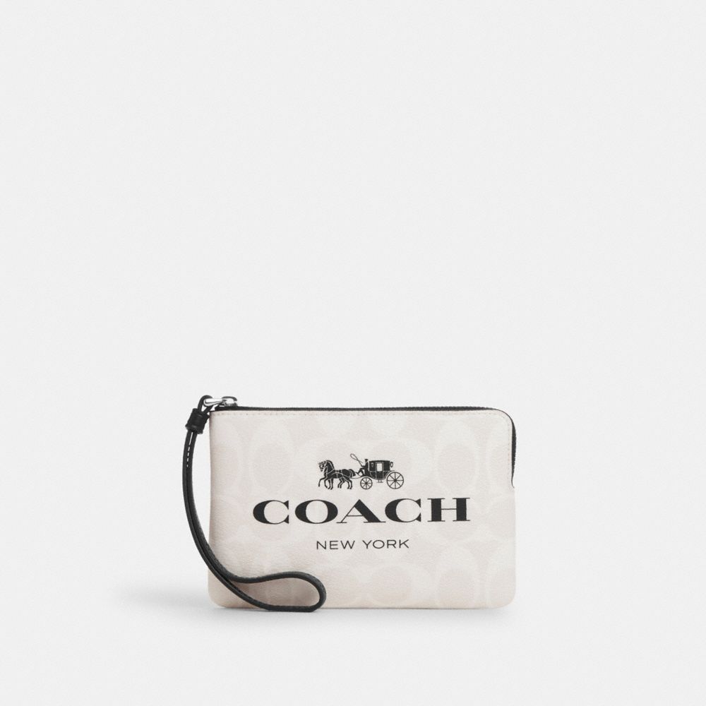 COACH CP437 Corner Zip Wristlet In Signature Canvas Silver/Chalk Multi