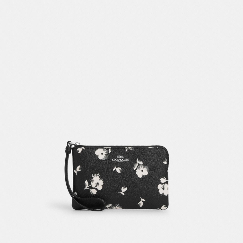 Corner Zip Wristlet With Floral Print - CP438 - Silver/Black Multi