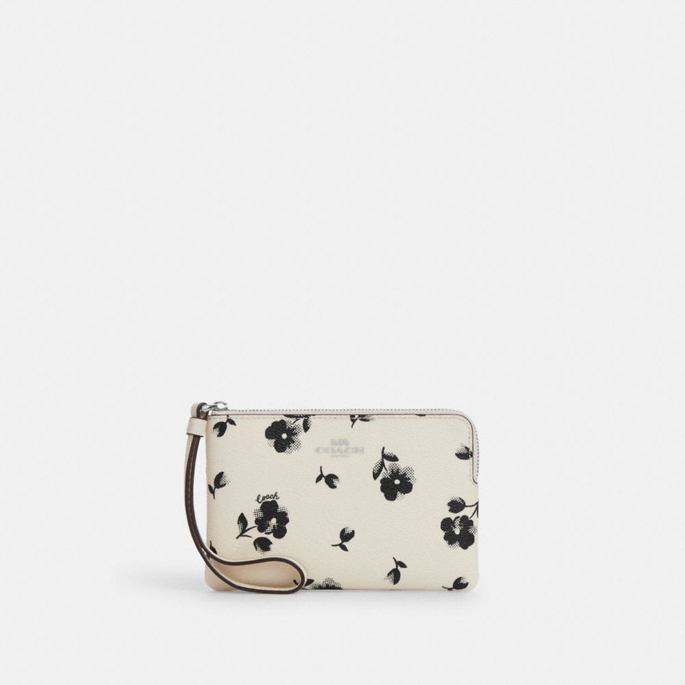 Corner Zip Wristlet With Floral Print - CP438 - Silver/Chalk Multi