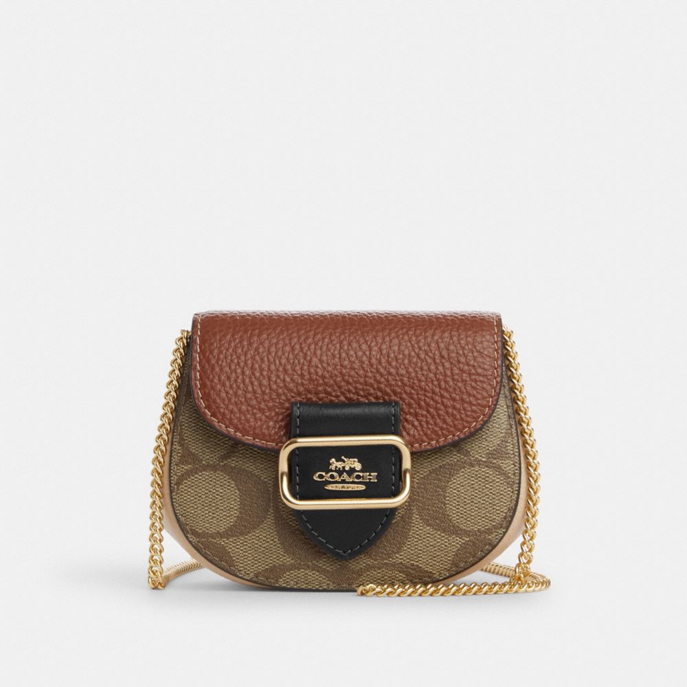 COACH CP464 Morgan Card Case On A Chain In Colorblock Signature Canvas GOLD/KHAKI MULTI