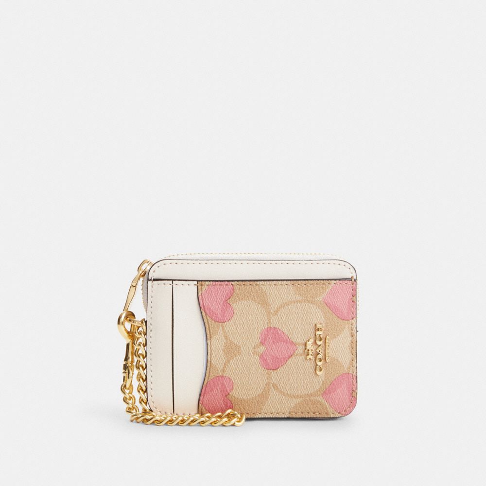 COACH CP467 Zip Card Case In Signature Canvas With Heart Print Gold/Light Khaki Chalk Multi