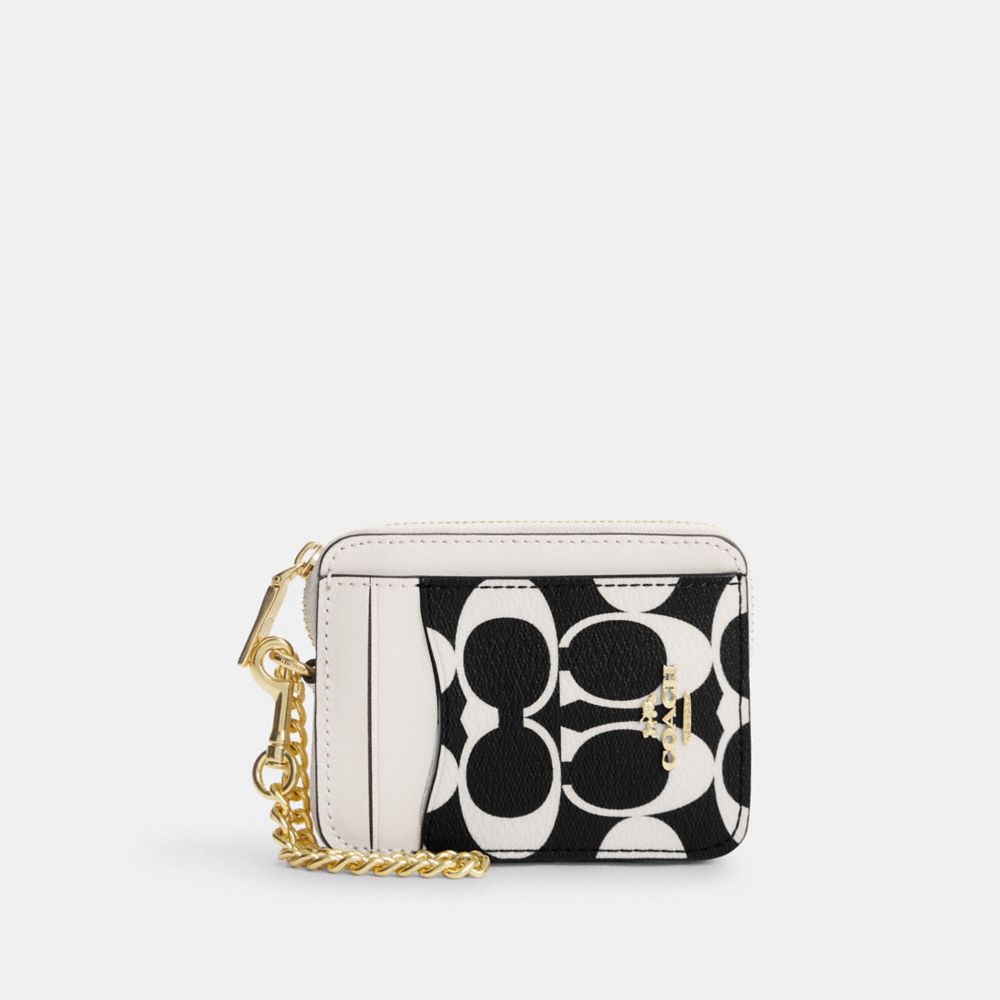 COACH CP468 Zip Card Case In Signature Canvas GOLD/BLACK MULTI