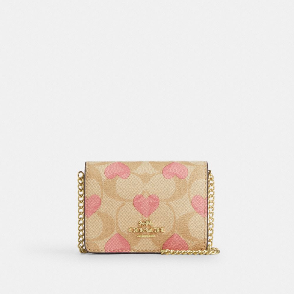 COACH CP473 Boxed Mini Wallet On A Chain In Signature Canvas With Heart Print Gold/Light Khaki Chalk Multi