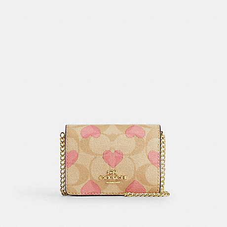 COACH CP473 Boxed Mini Wallet On A Chain In Signature Canvas With Heart Print Gold/Light-Khaki-Chalk-Multi