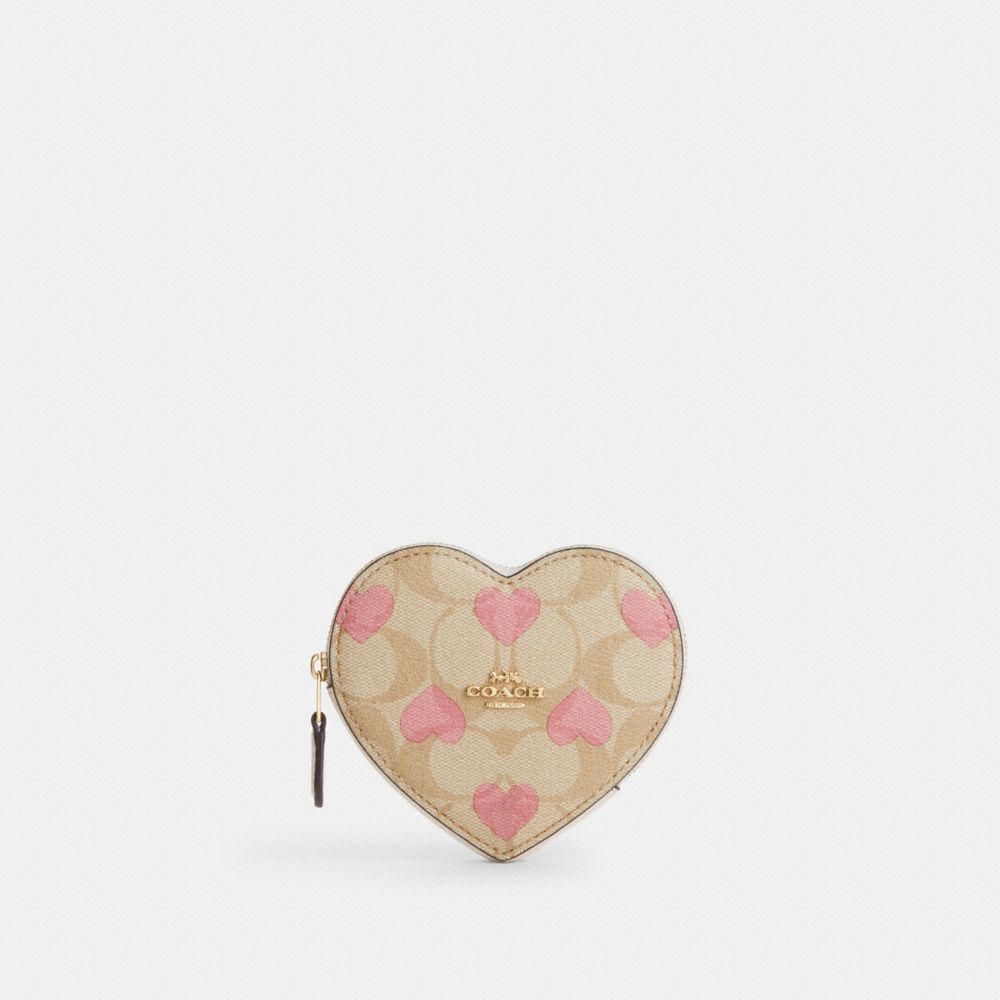 Heart Coin Case In Signature Canvas With Heart Print - CP480 - Gold/Light Khaki Chalk Multi