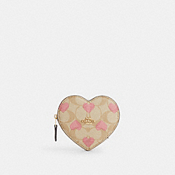 COACH CP480 Heart Coin Case In Signature Canvas With Heart Print GOLD/LIGHT KHAKI CHALK MULTI