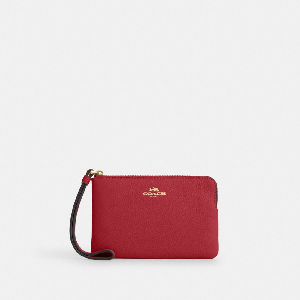 COACH CP483 Corner Zip Wristlet GOLD/TRUE RED