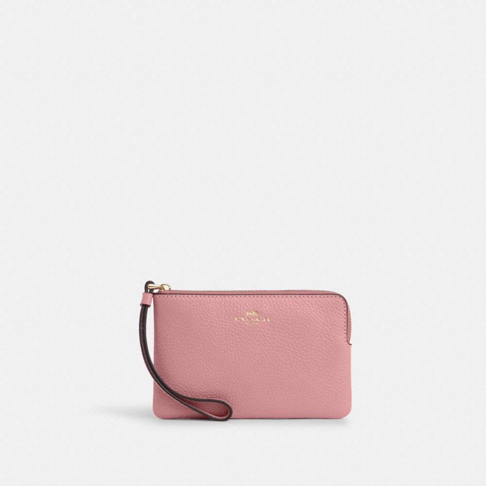 COACH CP483 Corner Zip Wristlet GOLD/TRUE PINK