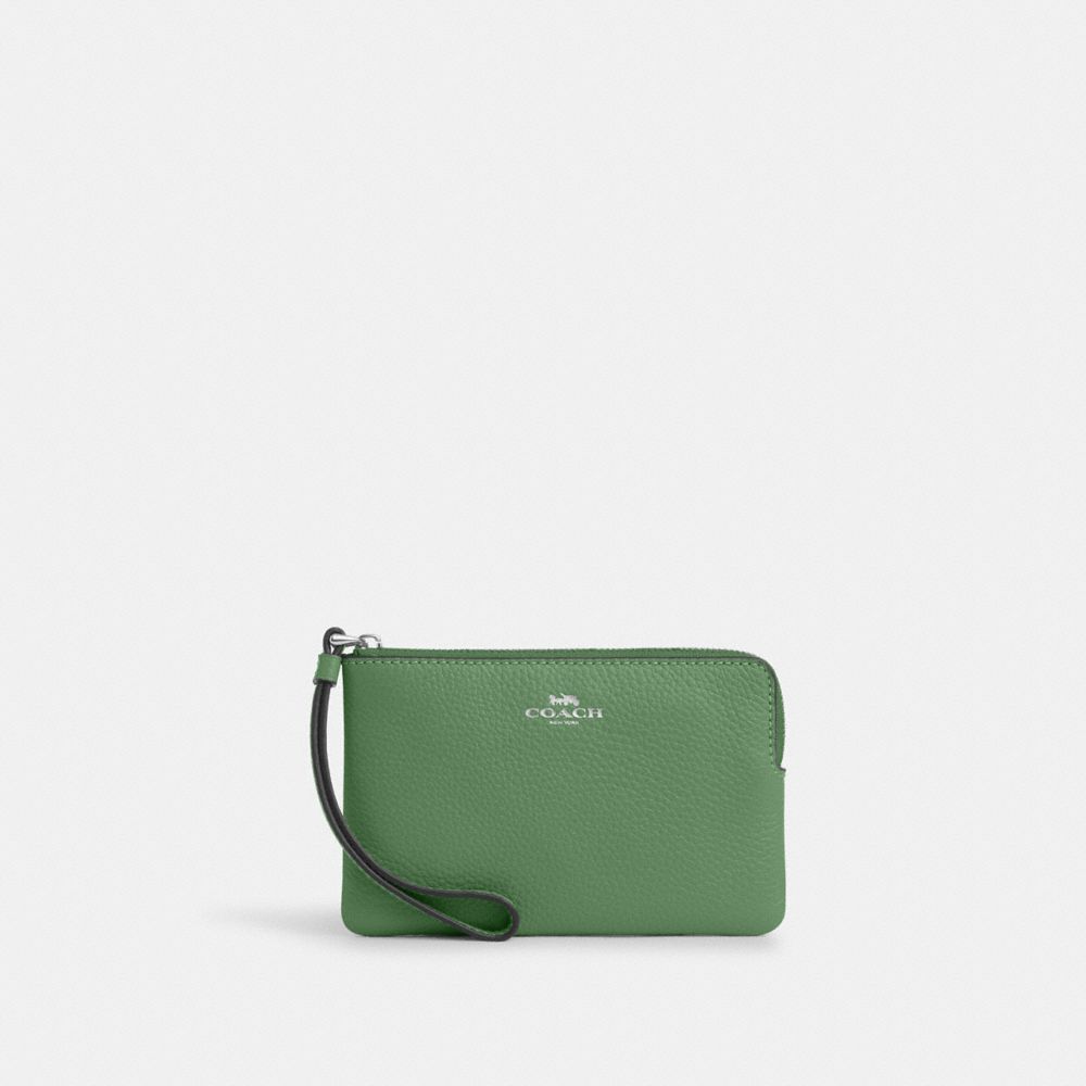 COACH CP483 Corner Zip Wristlet Silver/Soft Green