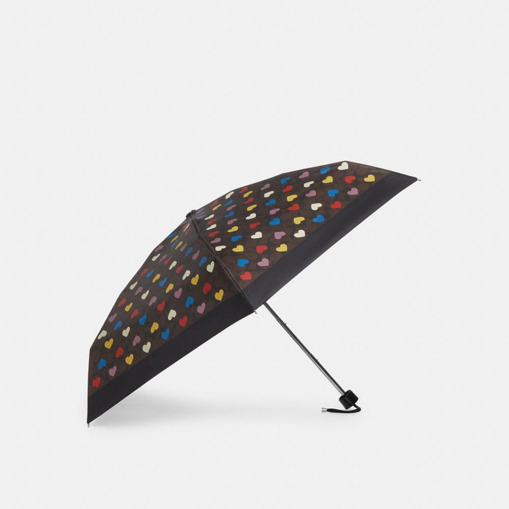 COACH CP502 Mini Umbrella In Signature Heart Print SILVER/BROWN BLACK MULTI