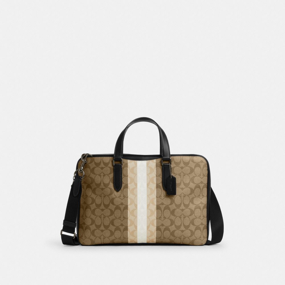 COACH CQ036 Graham Slim Brief In Blocked Signature Canvas With Varsity Stripe Gunmetal/Khaki Multi