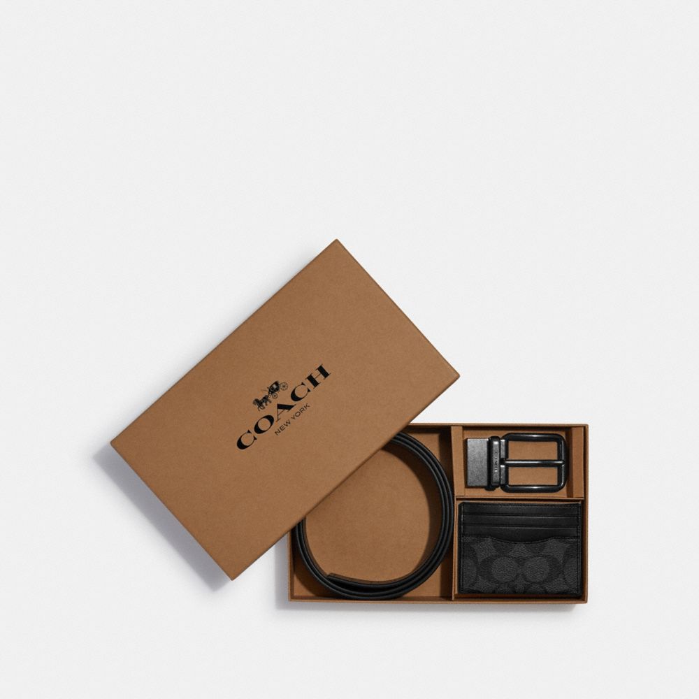Boxed Card Case And Belt Gift Set In Colorblock Signature Canvas - CQ082 - Gunmetal/Charcoal/Black