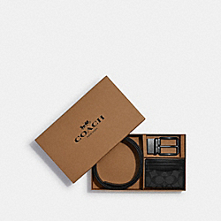 COACH CQ082 Boxed Card Case And Belt Gift Set In Colorblock Signature Canvas GUNMETAL/CHARCOAL/BLACK