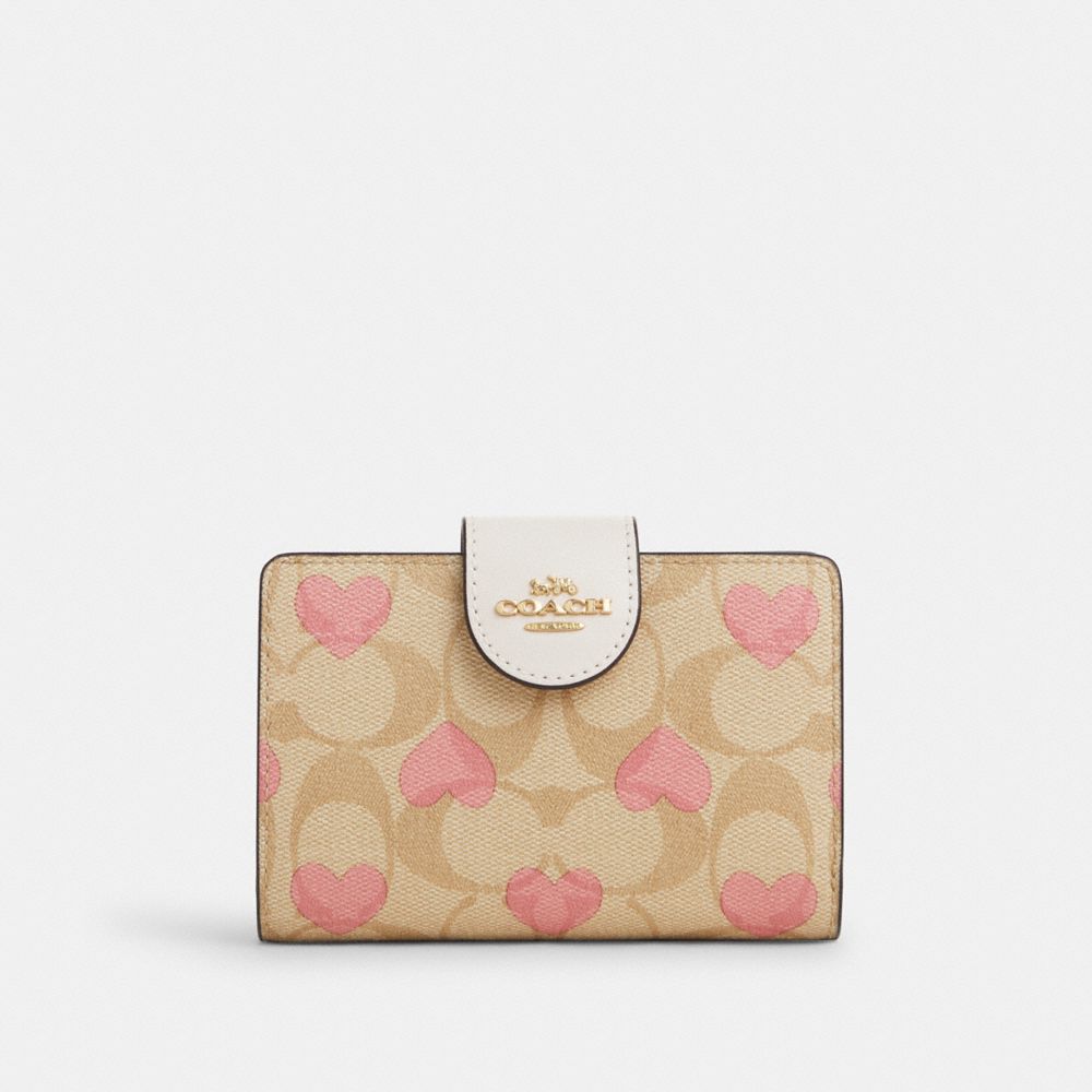 COACH CQ146 Medium Corner Zip Wallet In Signature Canvas With Heart Print GOLD/LIGHT KHAKI CHALK MULTI