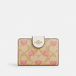 Medium Corner Zip Wallet In Signature Canvas With Heart Print - CQ146 - Gold/Light Khaki Chalk Multi