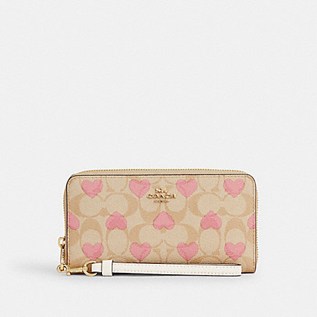 COACH CQ147 Long Zip Around Wallet In Signature Canvas With Heart Print Gold/Light-Khaki-Chalk-Multi