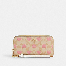 COACH CQ147 Long Zip Around Wallet In Signature Canvas With Heart Print GOLD/LIGHT KHAKI CHALK MULTI