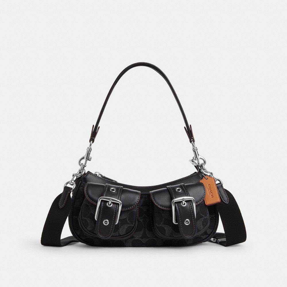 COACH CQ184 Ashton Baguette In Signature Denim SILVER/BLACK