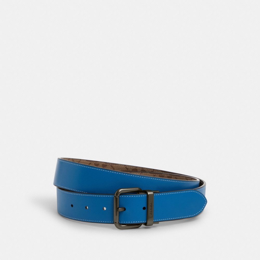 Roller Buckle Cut To Size Reversible Belt, 38 Mm - CQ234 - Black Antique Nickel/Khaki/Bright Blue