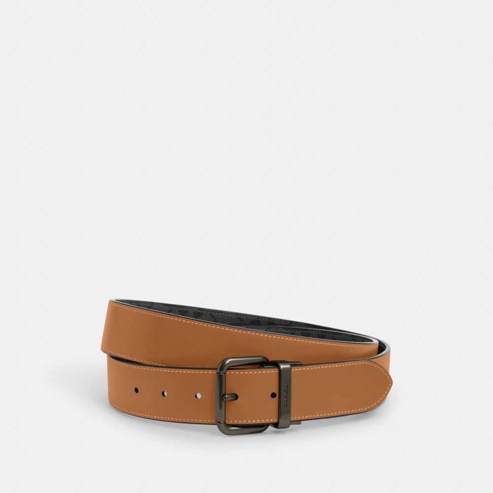 COACH CQ234 Roller Buckle Cut To Size Reversible Belt, 38 Mm Qb/Charcoal/Light-Saddle