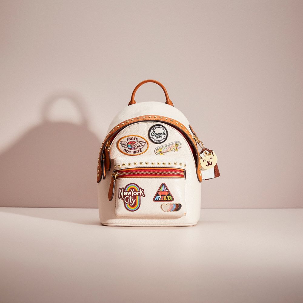 COACH CQ329 Upcrafted Charter Backpack 18 With Patches Brass/Chalk Multi