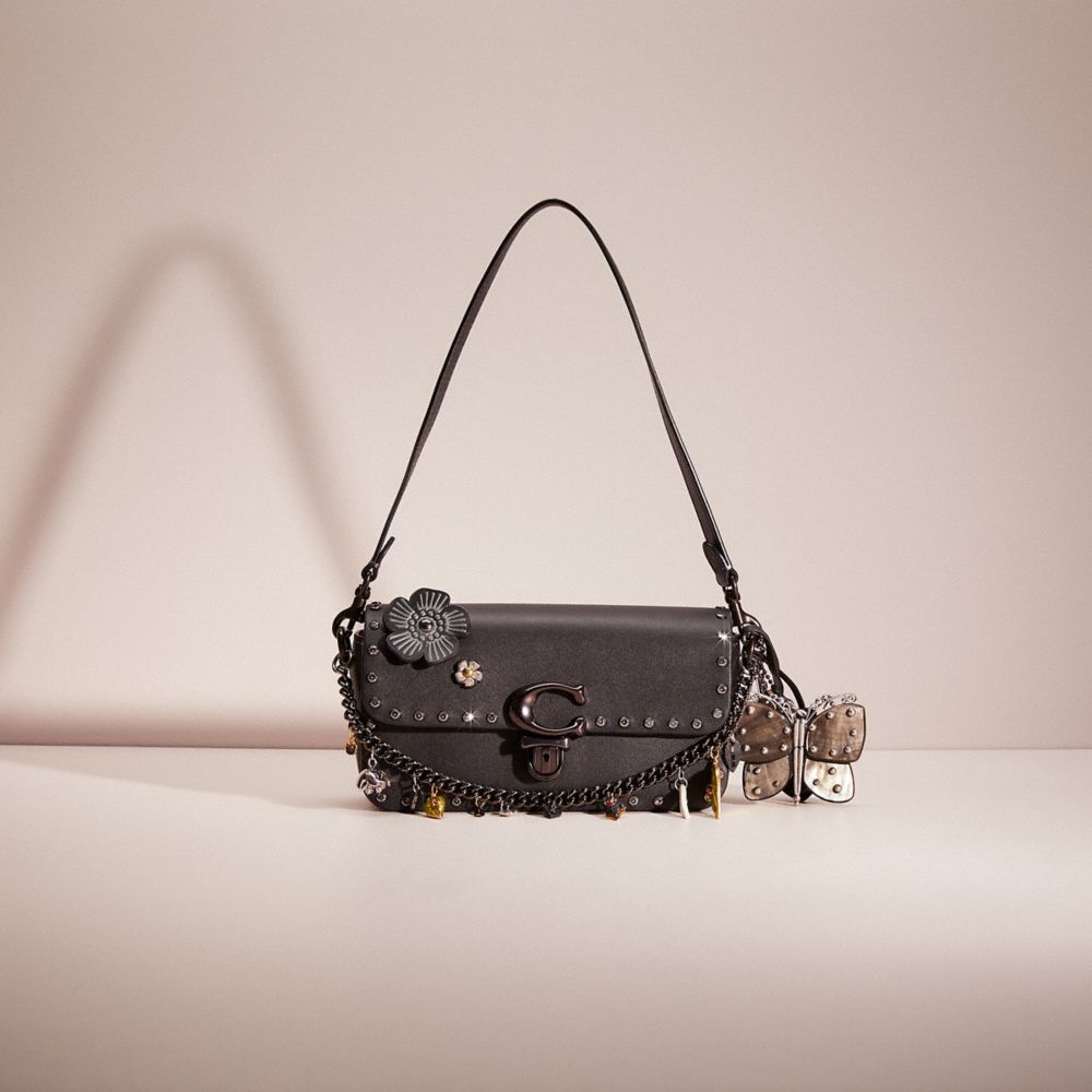CQ388 - Upcrafted Studio Baguette Bag With Crystal Rivets Pewter/Black