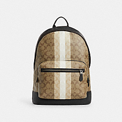 West Backpack In Blocked Signature Canvas With Varsity Stripe - CQ629 - Gunmetal/Khaki Multi