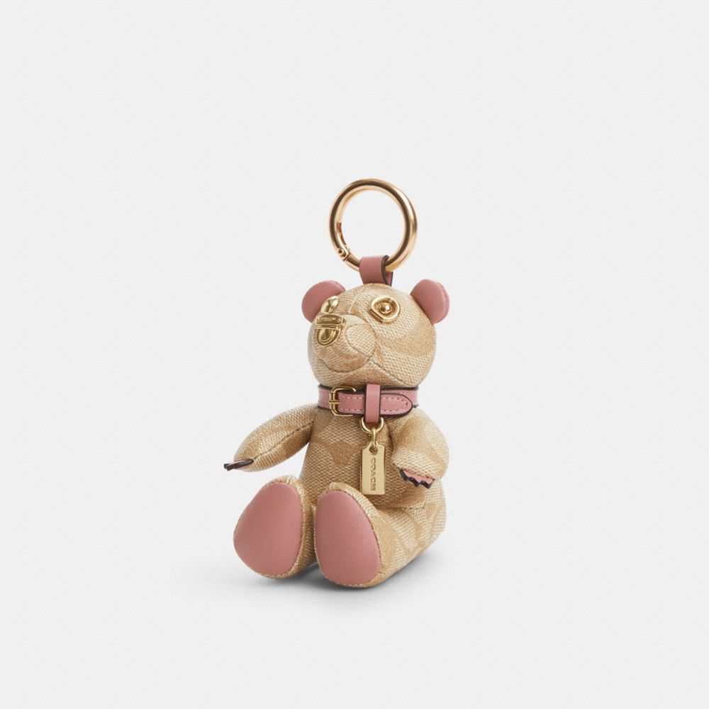 COACH CQ756 Bear Bag Charm In Signature Canvas With Heart GOLD/LIGHT KHAKI/PINK