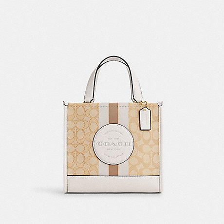 COACH CQ878 Dempsey Tote 22 In Signature Jacquard With Stripe And Coach Patch Gold/Light Khaki Chalk
