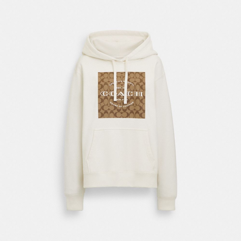 COACH&reg;,Signature Square Hoodie,Cotton,Sweatshirt,Drawstring,Casual,White