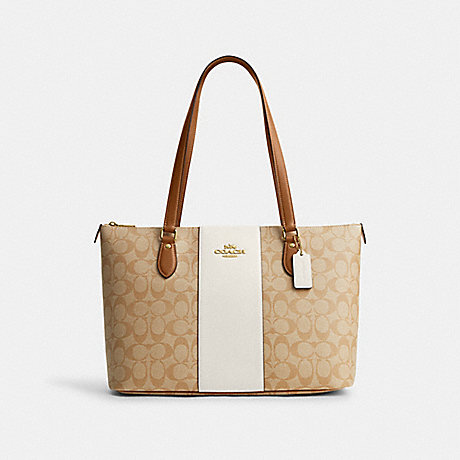 COACH CR121 Gallery Tote In Signature Canvas With Stripe Im/Light Khaki/Chalk Lt Saddle