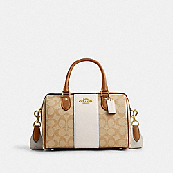 COACH CR122 Rowan Satchel In Signature Canvas With Stripe IM/LIGHT KHAKI/CHALK LT SADDLE