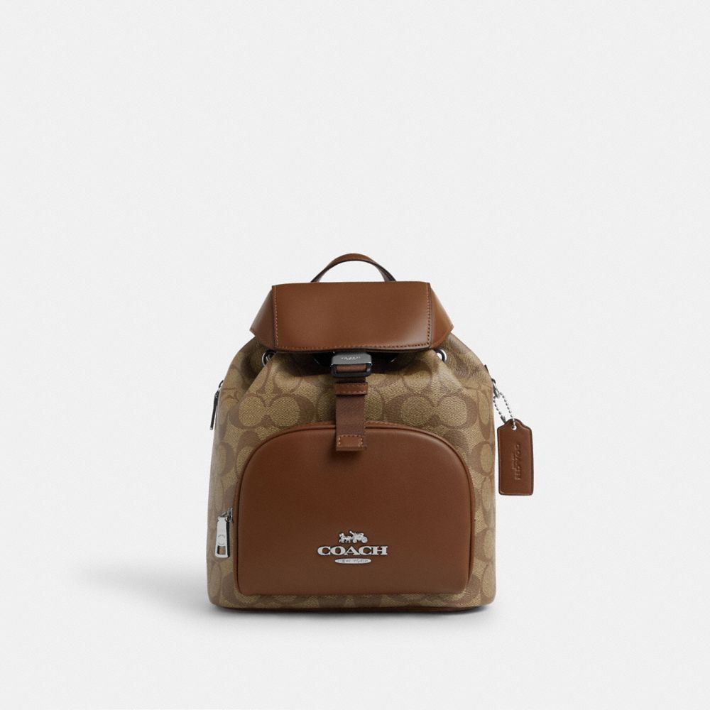 COACH CR130 Pace Backpack In Signature Canvas Silver/Khaki/Saddle