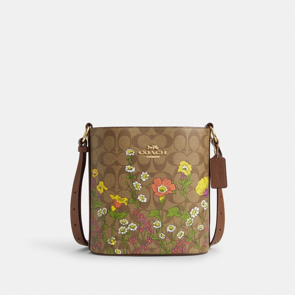 Sophie Bucket Bag In Signature Canvas With Floral Print - CR155 - Gold/Khaki Multi