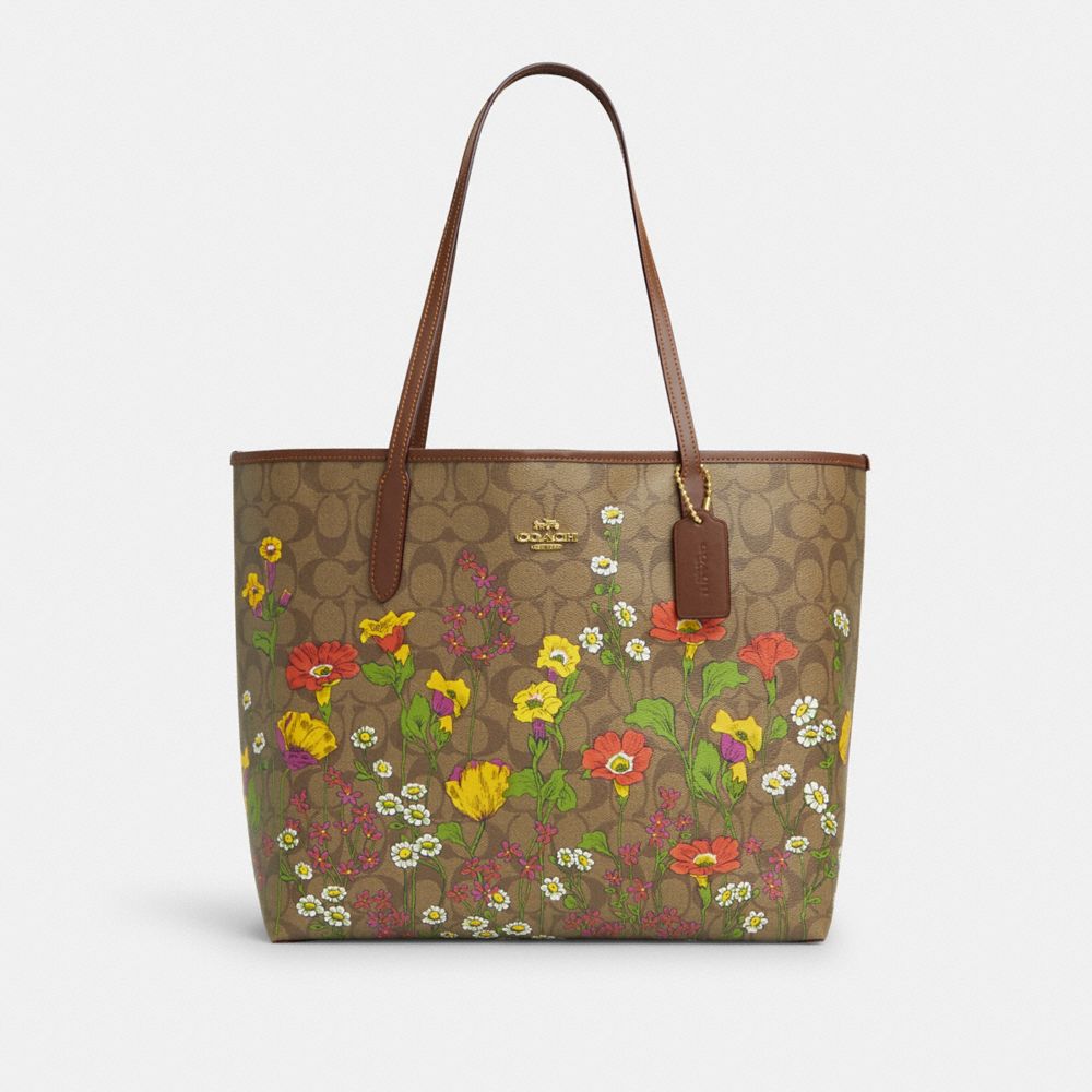 City Tote In Signature Canvas With Floral Print - CR165 - Gold/Khaki Multi