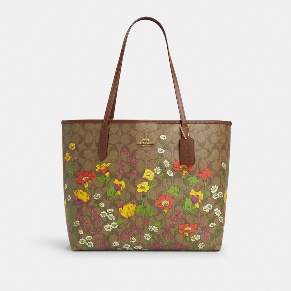 COACH CR165 City Tote In Signature Canvas With Floral Print GOLD/KHAKI MULTI