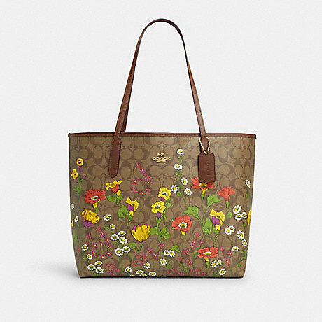 COACH CR165 City Tote In Signature Canvas With Floral Print Gold/Khaki-Multi